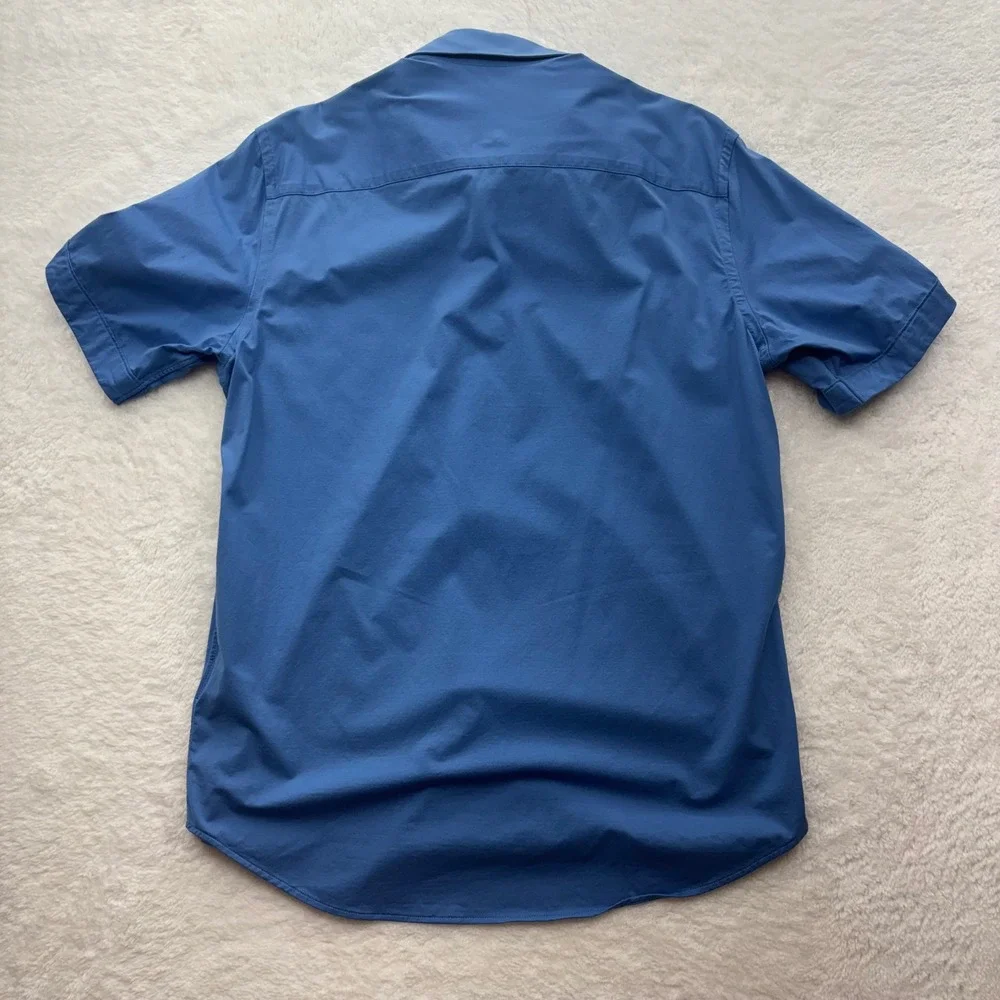 Bugatchi OoohCotton Tech Mens Short Sleeve Button Down Shirt Blue Size M Stretch